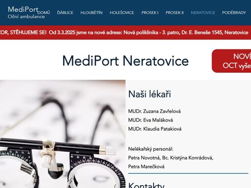 oční ambulance mediport neratovice poskytuje komplexní oční péči. najdete nás v neratovicích, kojetická 1021, provádíme komplexní vyšetření zraku očním lékařem, přístrojová měření, diagnostiku a léčbu očních onemocnění (šedý zákal, onemocnění sítnice a sklivce, glaukom a další).
