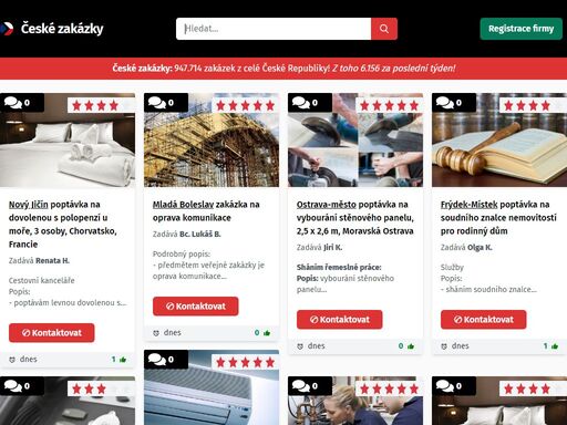 celkem 857.146 zakázek a poptávek ze stavebnictví. pro každou stavební firmu, řemeslníka a další stavební profese. architekt, dlaždič, elektroinstalace, instalatér, klempíř, kominictví, malíř pokojů, plynař, statik, stave
bní dozor, tesař, zedník