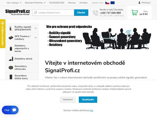internetový obchod zaměřený na prodej rušiček gps, wifi, gsm signálů, generátorů bílého šumu, generátorů ultrazvuku, detektorů odposlechů a dalších zařízení, zabezpečující vaše soukromí.