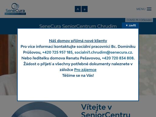 vítejte v seniorcentru chrudim v pardubickém kraji. nabízíme sociální služby domov pro seniory a domov se zvláštním režimem - zaměřený na péči o seniory trpící alzheimerovou chorobu či jinou formou stařecké demence. v případě jakéhokoliv dotazu kontaktujte naše pracovníky. jsme tu pro vás!