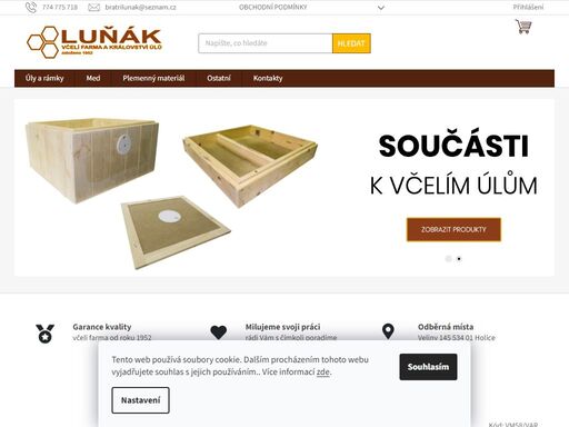internetový obchod luňák včelí farma a království úlů. vítejte v našem internetovém obchodě,
zabýváme se chovem včel a zpracováním včelích produktů. vyrábíme dřevěné včelí úly a další včelařské potřeby.
včelaři, včelařky pozor!
přijímáme objednávky na oddělky od začátku listopadu do konce května r.m. 39×24, matky f…