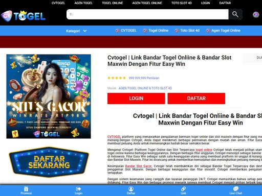 cvtogel platform yang menawarkan pengalaman bermain togel online dan slot maxwin dengan fitur yang memudahkan anda untuk menang.dengan cvtogel, anda dapat menikmati berbagai permainan dengan mudah dan aman. fitur easy win yang ditawarkan membuat peluang anda untuk memenangkan hadiah besar semakin besar.
