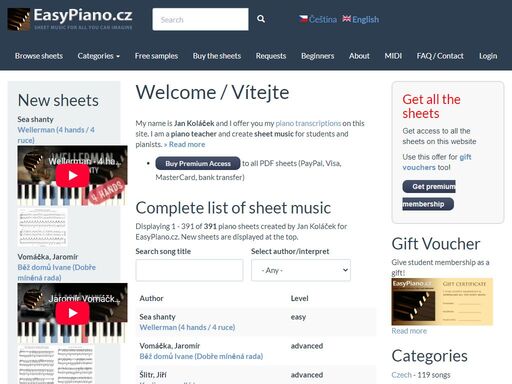 piano sheet music for arrangements created by jan koláček.