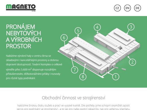 firma magneto s.r.o. nabízí pronájem výrobních hal v centru brna se skladovými i kancelářskými prostory a dobrou dopravní dostupností. zajišťujeme i servis pro podnikání ve strojírenství.