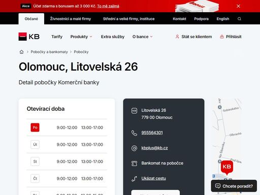 seznam a vyhledávání poboček a bankomatů komerční banky.