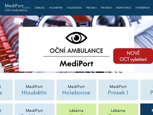 mediport oční ambulance poskytuje komplexní oční péči pro dospělé i dětské pacienty. naše ordinace: mediport holešovice, mediport ďáblice, mediport prosek a mediport neratovice. přijímáme nové pacienty. máme smlouvy se všemi pojišťovnami. 