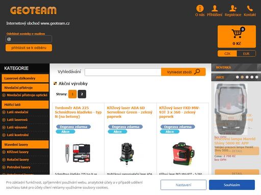 geoteam.cz nabízí nivelační přístroje, teodolity, laserové dálkoměry, rotační, křížové a potrubní lasery, měřící kolečka, stativy, latě a další.
