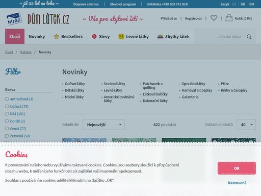 internetový obchod s látkami a textiliemi v metráži, prodej galanterie. nabízíme oděvní, dětské, dekorační, potahové a speciální látky. široký výběr materiálů, barev a vzorů.