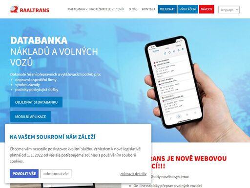 spustili jsme nový web!!! databanka raaltrans je dokonalé řešení přepravních služeb. nabízení přeprav a volných vozidel a jednoduché vyhledávání v nabídkách.