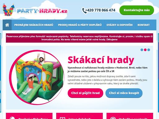 pronájem a půjčovna nafukovacích skákacích hradů pro děti na soukromou párty. párty doplňky na oslavu včetně héliových balónků. skákací hrady na oslavu vašich dětí.