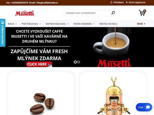 prodej italské kávy caffe musetti, caffe florian, perlanera caffe, kávovarů elektra, sušenek ke kávě, horkých čokolád univerciok a orobica a mnoho dalších.
