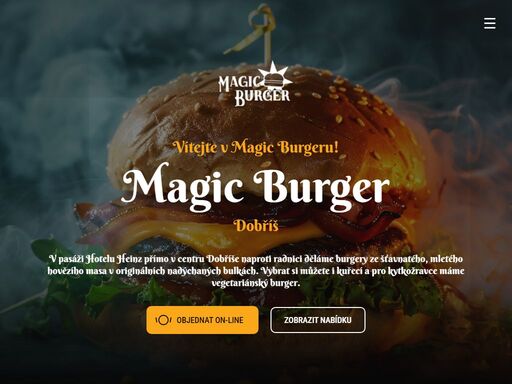 rodinný magic burger v centru dobříše nabízí šťavnaté hovězí, kuřecí i vegetariánské burgery, smažené kuře a další speciality. objednejte on-line nebo si pochutnejte přímo u nás.