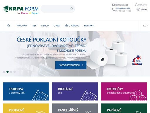 ofsetový tisk i digitální tisk marketingových a reklamních tiskovin, obchodních a hospodářských tiskopisů. výroba a distribuce kotoučků do pokladen, plotrových rolí, papírových sáčků, kancelářských papírů, tabelačních papírů a dalších produktů z papíru.