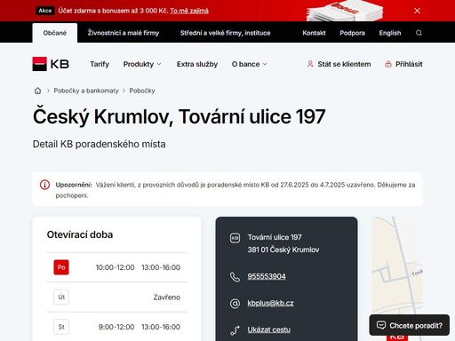 seznam a vyhledávání poboček a bankomatů komerční banky.