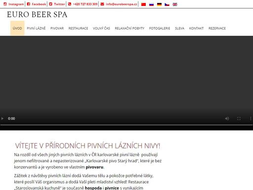 vítejte v přírodních pivních lázních nivy
na rozdíl od všech jiných pivních lázních v čr karlovarské pivní lázně používají jenom nefiltrované a nepasterizované „karlovarské pivo starý hrad“, které je bez konzervantů a je vyrobeno ve vlastním minipivovaru.

zážitek z návštěvy pivních lázní dodá vašemu tělu a pokožce potřebné látky, které posílí váš organismus a dodá vaší pleti mladiství vzhled! restaurace „staroslovanská kuchyně“ je současně hospoda i pivnice s vynikajícím tankovým pivem z domácího pivovaru