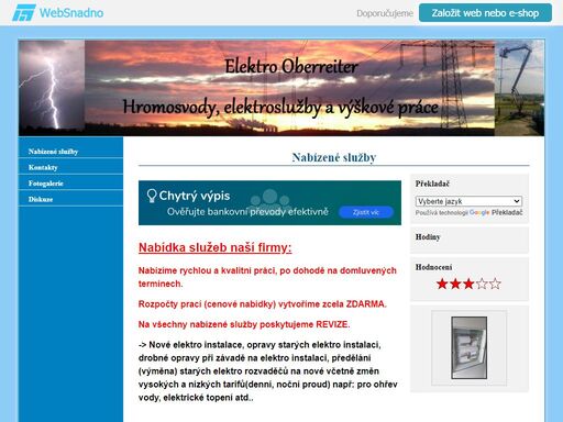 hromosvody, elektroslužby a výškové práce - oberreiter, elektro, elektroinstalace, elektrikář, veřejné osvětlení, údržba, výškové práce, autoelektrika, autoelektro, měření autobaterií, elektrorevize, revize
