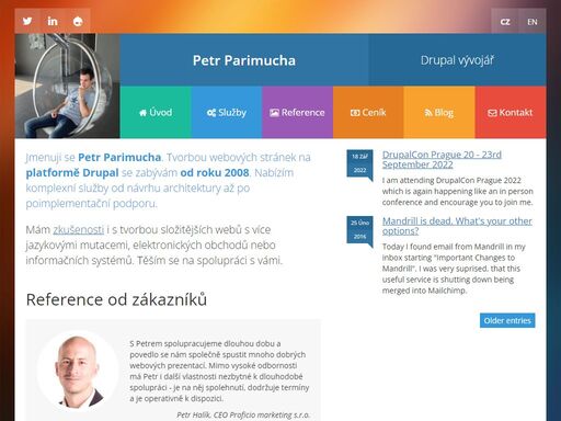 jmenuji se petr parimucha. tvorbou webových stránek na platformě drupal se zabývám od roku 2008. nabízím komplexní služby od návrhu architektury až po poimplementační podporu.