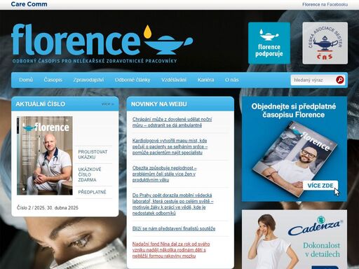 florence publikuje aktuální informace, odborné články z ošetřovatelské teorie i praxe (zpravodaj čas, zpravodajství z kongresů, kazuistiky, praktické zkušenosti, výzkumné práce), informuje o novinkách v legislativě, managementu a dalších.