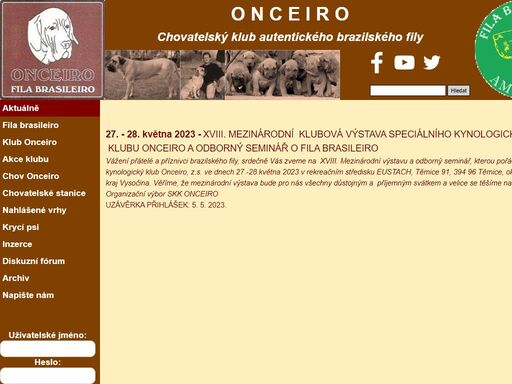 speciální kynologický klub onceiro - chovatelský klub autentického brazilského fily - fila brasileiro - brazilská fila.