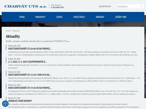 charvát cts - nosiče kontejnerů, výměnné systémy, traktorové návěsy, kontejnery, nakládací jeřáby pro stavebnictví, autodopravu a další.