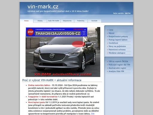 prezentační stránka systému vin-mark. systém identifikace automobilů, podle kterého lze jednoznačně identifikovat vozidlo policií a veřejností na celém světě.