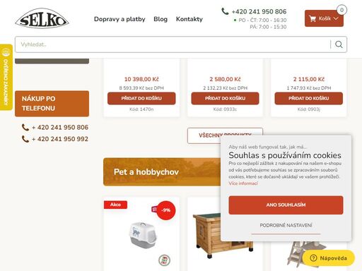 chovatelské potřeby pro skot, prasata, koně, ovce,  drůbež, králíky a domácí mazlíčky.