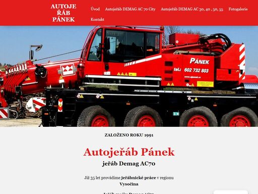 autojeřáb pánek již přes 30 let provádí jeřábnické práce v regionu vysočina a disponujeme jeřáby značky demag ac70, popř. ac55, ac50, ac40 a ac30.