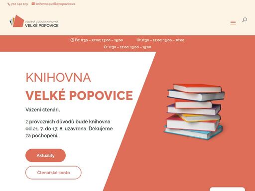 oficiální stránky knihovny velké popovice. na stránkách naleznete aktuality z knihovny, čtenářské konto i katalog knih.