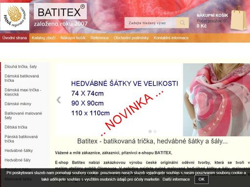 nabízíme: batikovaná, malovaná trička, šaty a mikiny. ručně malované hedvábné šály, šátky a kravaty