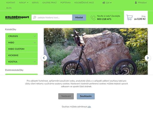 obchod plný koloběžek kostka, mibo, crussis a kickbike, skládací kola, elektrokola a vše co k nim potřebujete