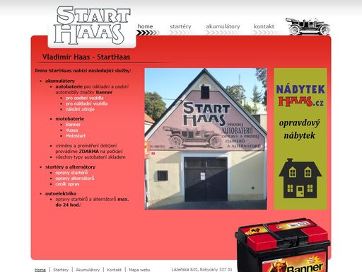starthaas je firma v rokycanech zabývající se opravou a prodejem alternátorů a startérů a prodejem autobaterií a motobaterií.