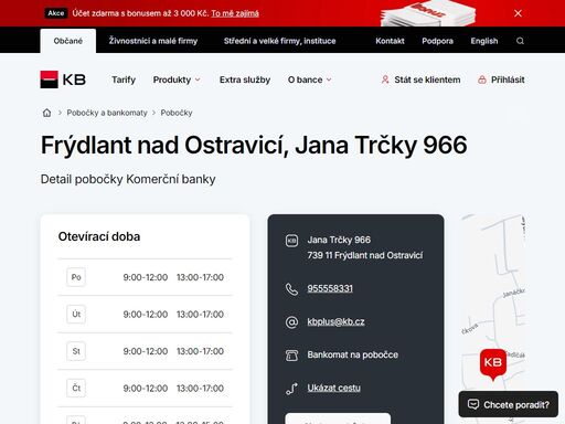 seznam a vyhledávání poboček a bankomatů komerční banky.