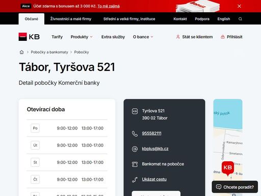 seznam a vyhledávání poboček a bankomatů komerční banky.