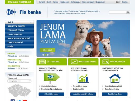 fio banka má účet bez poplatků a podmínek pro všechny. je unikátním spojením internetové banky a široké sítě poboček. nabízí investování on-line.