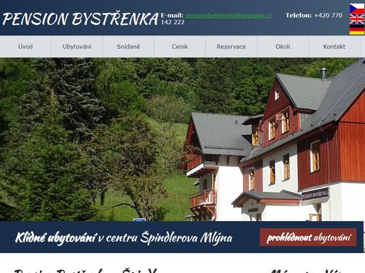 vítá vás rodinný pension bystřenka. nově zrekonstruovaný pension se nachází v samotném centru horského střediska špindlerův mlýn, opravdového ráje uprostřed krkonoš. od populárního skiareálu svatý petr je pension vzdálen pouhých 300 metrů.
