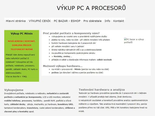 výkup počítačů měnín - vykupujeme staré pc, procesory, hardware, paměti - ram, základní desky, tištěné spoje, urs, tantalové kondenzátory, tranzistory, pc bazar, výkup základních desek