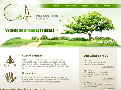 cvičení a relaxace přijďte si vyzkoušet některé z našich pravidelných cvičení. cvičíme každý den a v naší nabídce naleznete to nejlepší z východního umění taichi, jógu nebo cvičení čínských císařů. všechny lekce jsou orientovány pro začátečník i pokročilé » více informací poradenství v poradenské části naší nabídky naleznete netradiční praktiky, které se pokusí vyřešit jakýkoli osobnostní neduh - kineziologie, etikoterapie, či automatická kresba » více informací vydejte se s námi za relaxací, jsme zde pro vás v karviné.