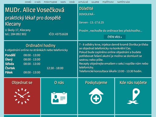 mudr. alice vosečková. ordinace praktické lékařky klecany, lymfodrenáž, magnetoterapie, laserová terapie.