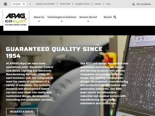 apagcosyst details the electronic control unit (ecu), lighting, and electronic manufacturing services (ems) services they offer for medical, automotive, and industrial clients.