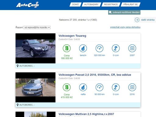 nabídka vozů na webu autocaris.cz