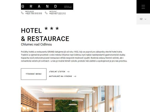 grand hotel & restaurace je vhodná pro rodinné oslavy, firemní večírky nebo romantickou večeři při svíčkách.