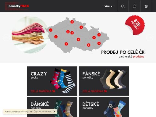 vítejte na stránkách prodejce ponožek z  vysočiny. internetový prodej ponožkymax.cz provozuje firma tapo-max, s.r.o. pro naše zákazníky přinášíme kvalitními výrobky, které z 100% vyrábíme na vysočině. 
v roce 2009 jsme jako první v naší republice začali vyrábět barevné ponožky. dnes je najdete pod etiketami crazy…