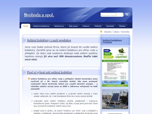 web firmy svoboda a spol. vyrábějící solární kolektory pro ohřev vody a solární přitápění