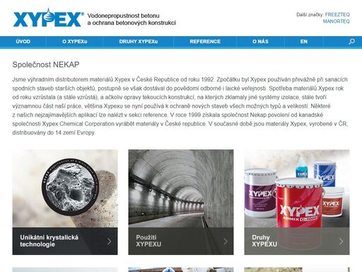 výhradní distributor xypexu (materiálu a technologie krystalizace, která činí betonové konstrukce nepropustnými pro kapaliny) v české republice.