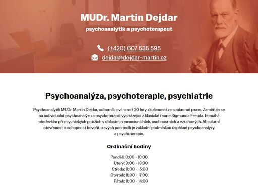 zkušený psychoterapeut a psychoanalytik v praze. mudr. martin dejdar se specializuje především na individuální psychoterapií a psychoanalýzou. dodržuje hlavní body etického kodexu psychoterapie.