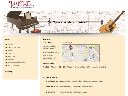 kontakt: janeko – opravy pian, klavírů a strunných nástrojů. kontaktní údaje (telefon, adresa, mail) pro objednání opravy.