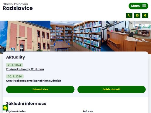 webové stránky obecní knihovny radslavice se základními informacemi.
