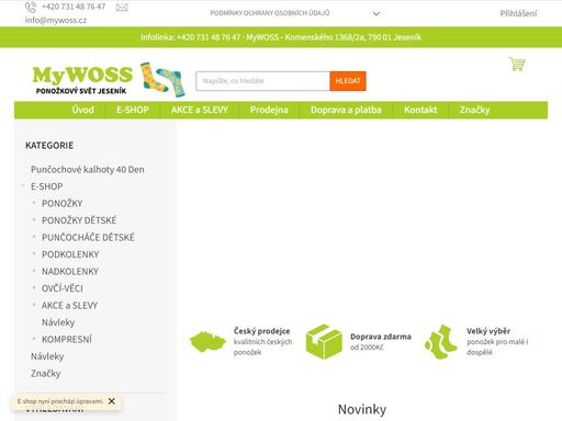 ponožkový svět jeseník. vítáme vás v ponožkovém světě jeseník - mywoss.cz
jsme rodinný prodejce ponožek a spodního prádla výhradně českých výrobců. prodáváme pouze ověřené a kvalitní produkty, pro jejich výjimečné vlastnosti, skvělé reference a maximální možnou kvalitu, kterou lze na trhu najít. neprodáváme pouze on…