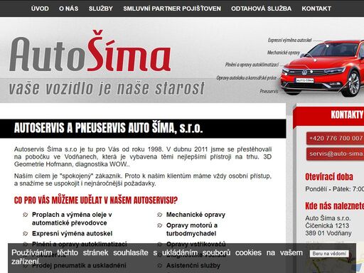 autoservis a pneuservis auto šíma s. r. o. vodňany. výměna autoskel, geometrie, klimatizace, asistenční služby. jsme smluvním partnerem pojišťoven