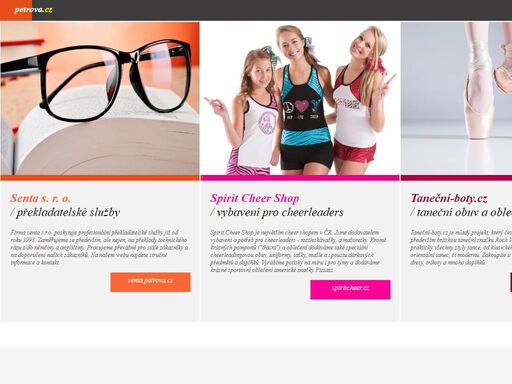 rozcestník rodinné domény petrova.cz - profesionální překladatelské služby senta s.r.o., spirit cheer shop - eshop pro cheerleaders a další